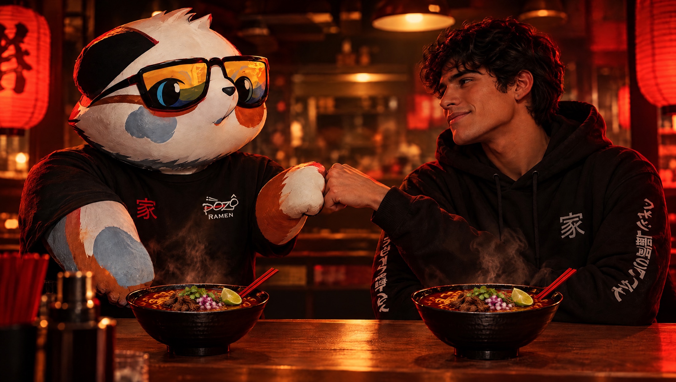 El panda de Pozô y un cliente con la merch